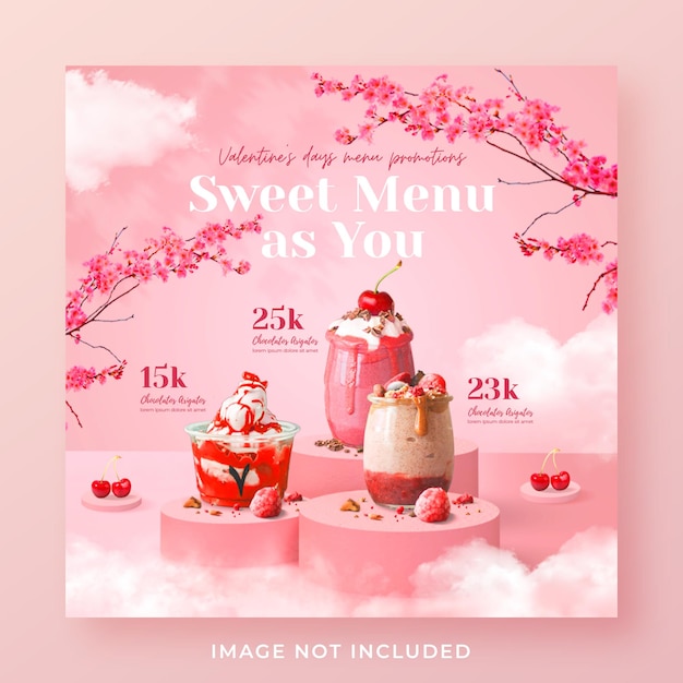 Modello di banner post instagram di social media di promozione del menu di san valentino