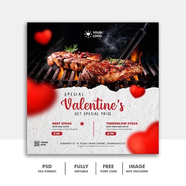 Шаблон баннера публикации в социальных сетях на день Святого Валентина для меню еды, говяжьего стейка