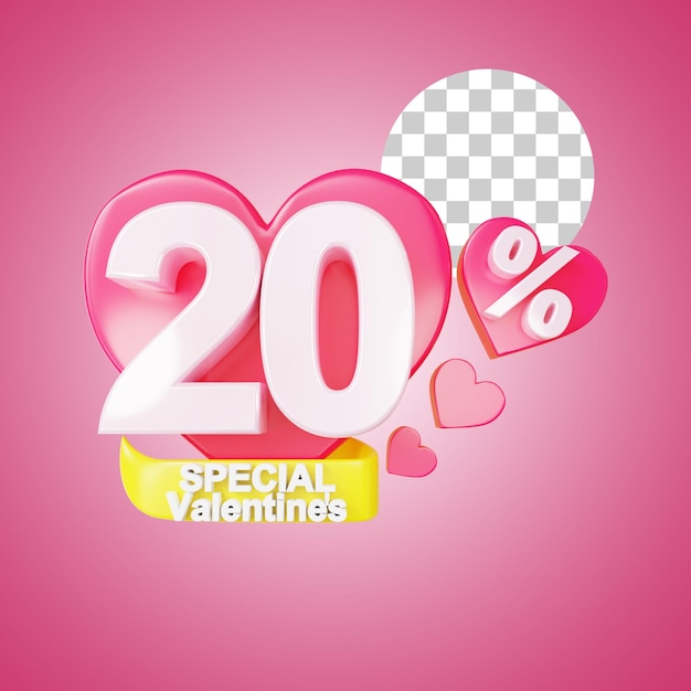 Sconto speciale di san valentino 20 percentuale di rendering 3d