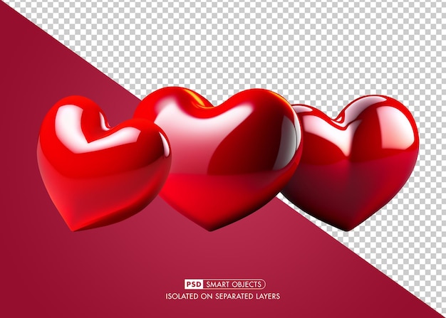 Valentines day 3d hearts render set realistic isolated on transparent background and separate layers