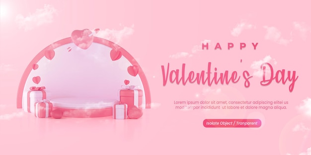 Valentines day background mockup with podium view and gifts and cloud effect around it