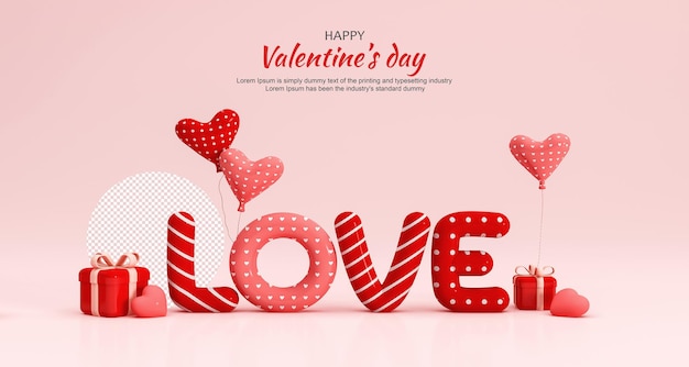 Valentines day banner template with 3d romantic valentine decorations