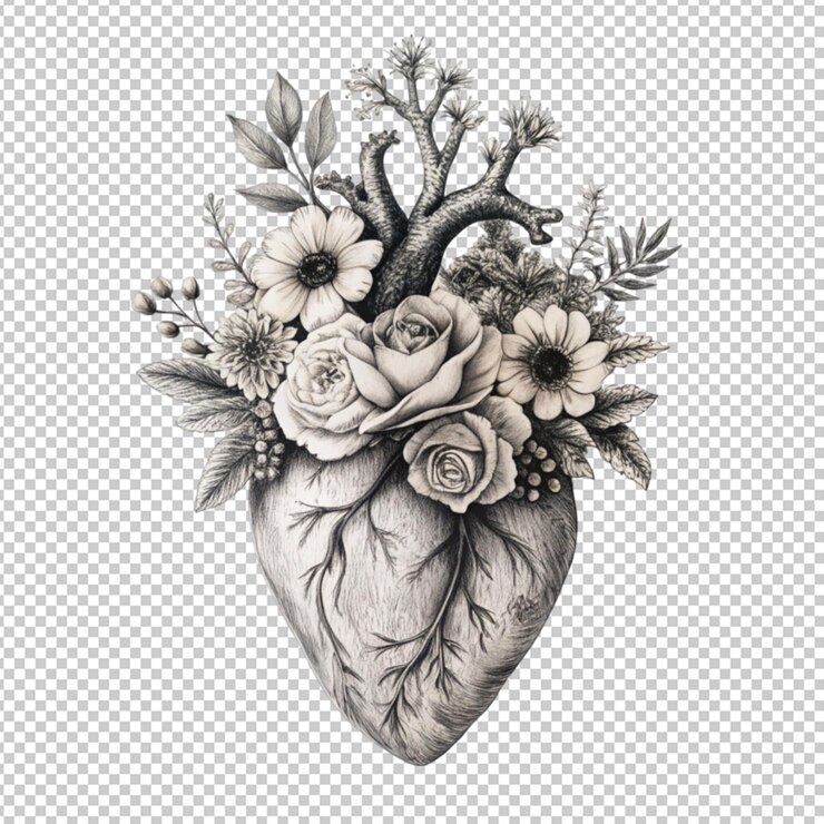 PSD valentines day card anatomical heart with flowers isolated on transparent background