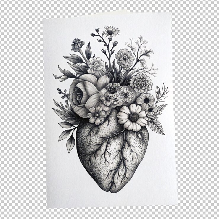 PSD valentines day card anatomical heart with flowers isolated on transparent background