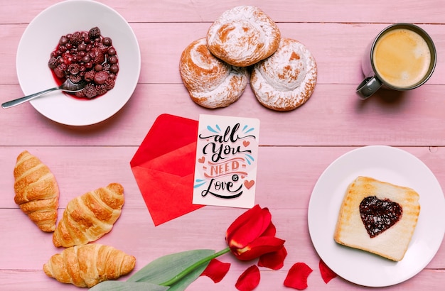 PSD valentines day card mockup with breakfast