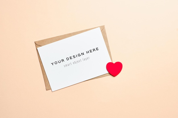 PSD valentines day card mockup with envelope and red heart