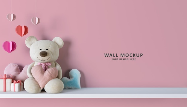 San valentino nella stanza dei bambini su sfondo rosa mockup muro