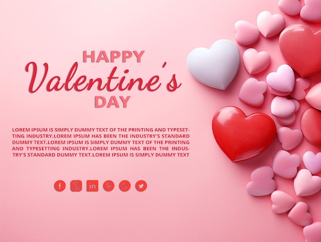 PSD valentines day concept red and pink hearts drawn on a pastel pink background