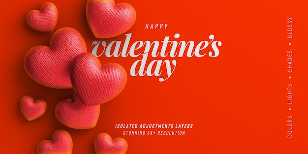 PSD valentines day cute background mockup with decorative love hearts top view scene