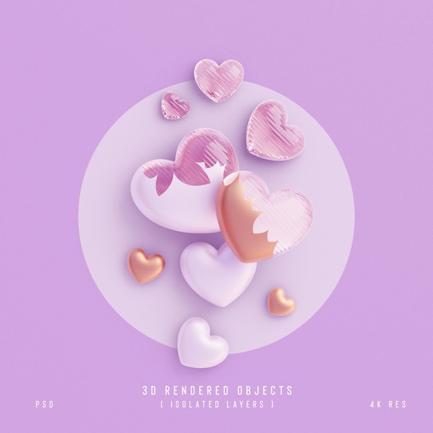 valentines day cute love hearts decorative composition isolated and transparent 3d rendering