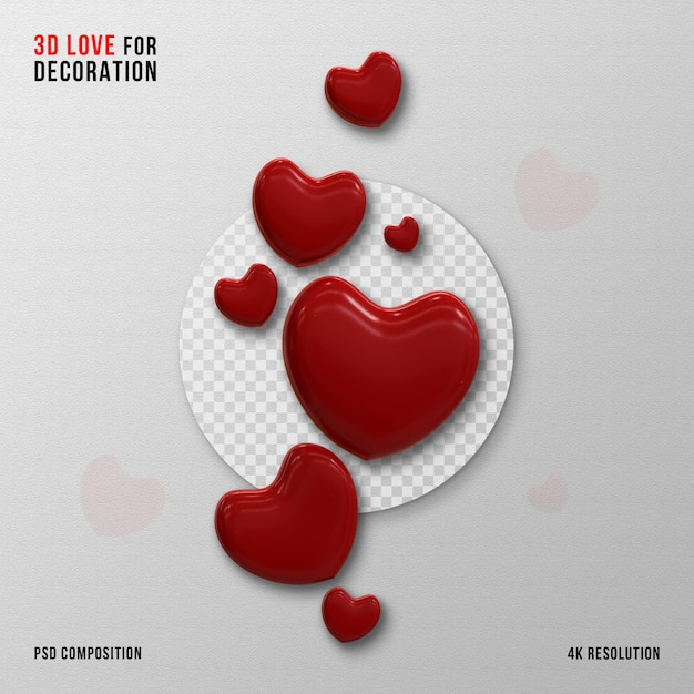 PSD valentines day cute love hearts decorative composition isolated and transparent 3d rendering