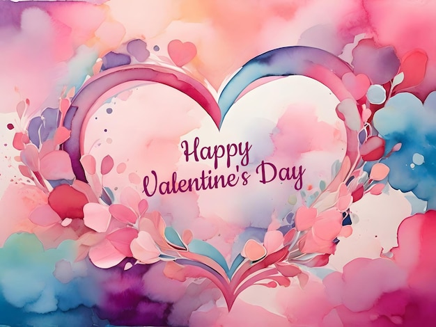 Valentines day design con una pittura ad acquerello di un cuore circondato da fiori.
