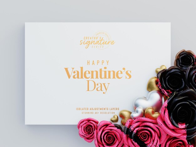 Volantino di san valentino mockup di invito con rose decorative e cuori d'amore scena di paesaggio