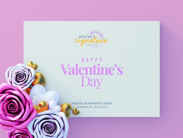 Volantino di san valentino mockup di invito con rose decorative e cuori d'amore scena di paesaggio