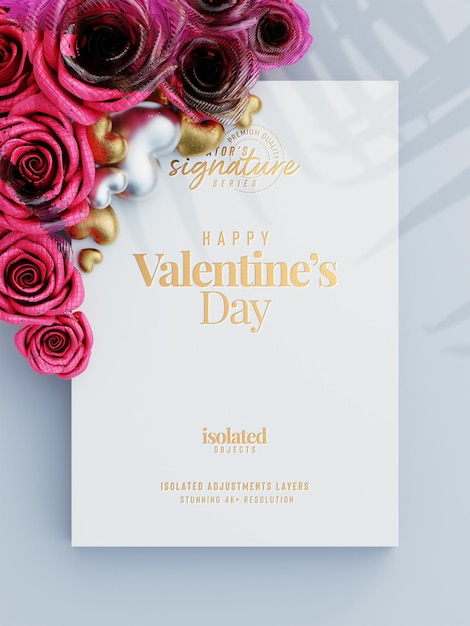 Volantino di san valentino mockup di invito con rose decorative e cuori d'amore