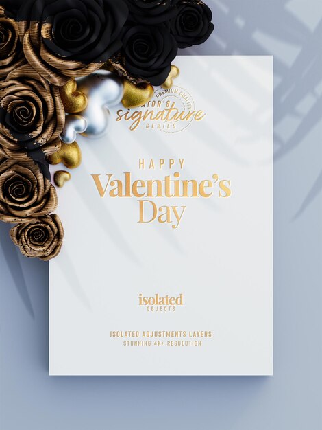 Valentines day flyer Invitation mockup with decorative roses and love hearts