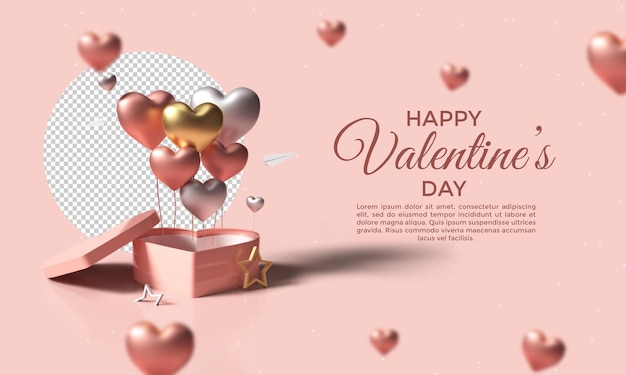 Valentines day greeting card background with heart balloons and gift box