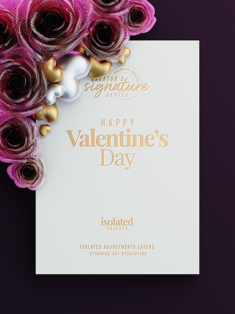 Mockup di volantino di invito di san valentino con rose decorative e scena di vista dall'alto di cuori d'amore