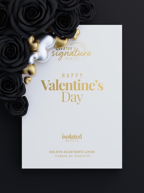 Mockup di volantino di invito di san valentino con rose decorative e scena di vista dall'alto di cuori d'amore