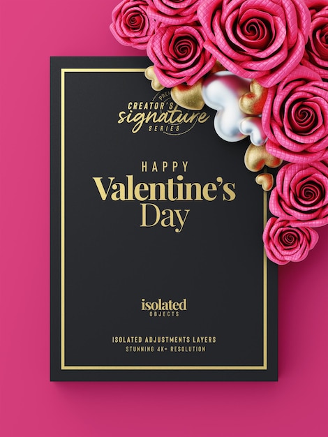 PSD valentines day invitation flyer mockup with decorative roses and love hearts top view scene