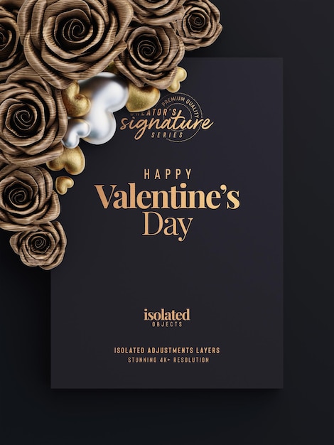 Mockup di volantino di invito di san valentino con rose decorative e scena di vista dall'alto di cuori d'amore