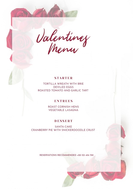 Valentines day menu mockup