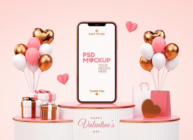 Valentines day mobile phone mockup for banner background in 3D rendering