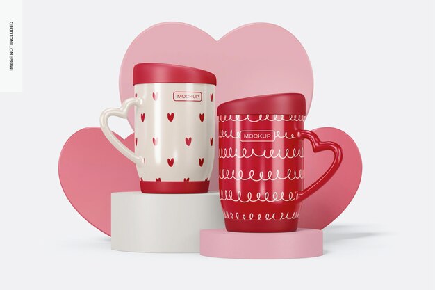 Valentines day mugs mockup,on podium