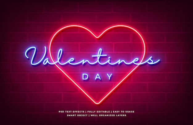 Valentines Day neon light 3d text style effect