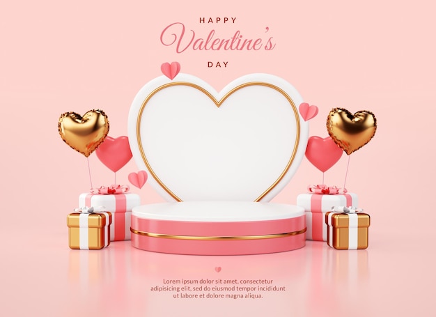 Valentines day pedestal platform on a pink background for banner or card design in 3D rendering