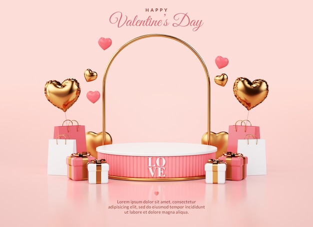 Valentines day pink and gold podium platform for flyer or card background design in 3D rendering