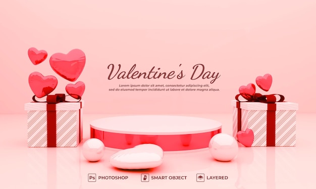 Valentines day podium blank space, and gift box 3d render for mockup, background, banner