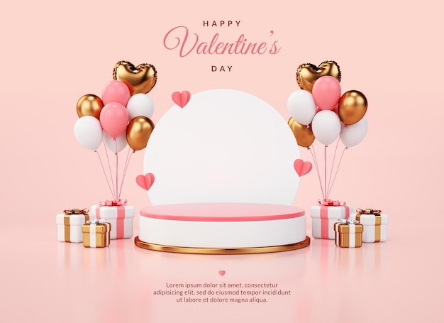 Valentines day podium platform for greeting card or product display banner in 3D rendering