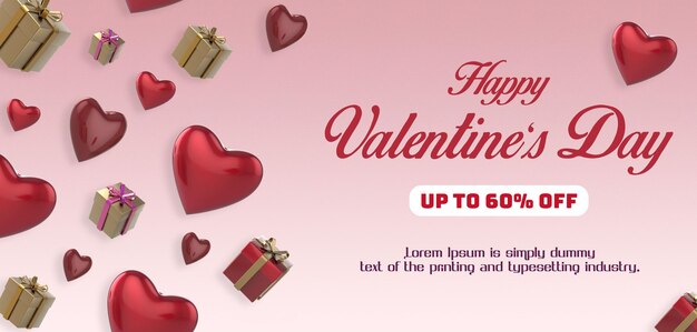 PSD valentines day sale banner template with 3d romantic valentine