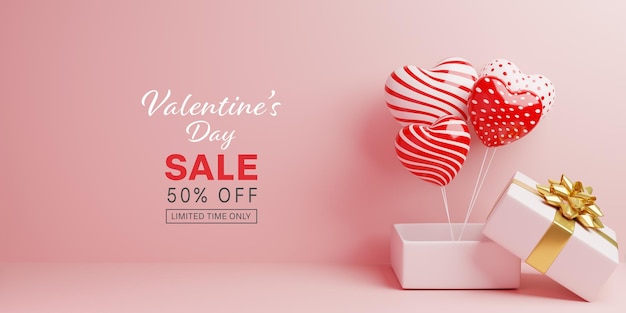 PSD valentines day sale banner with 3d hearts balloon and gift box