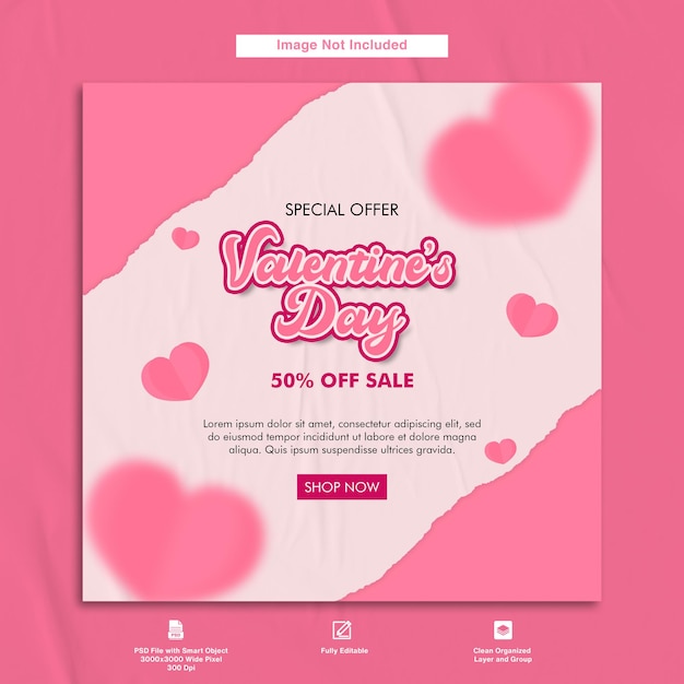 Modello di post di instagram dal design minimalista per la promozione dell'offerta di sconto per la vendita di san valentino