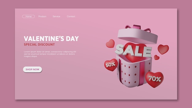 PSD valentines day sale landing page with gift