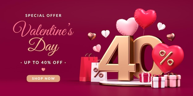 3d 렌더링에서 40% 할인 하트와 선물을 제공하는 발렌타인 데이 판매 제안 전단지