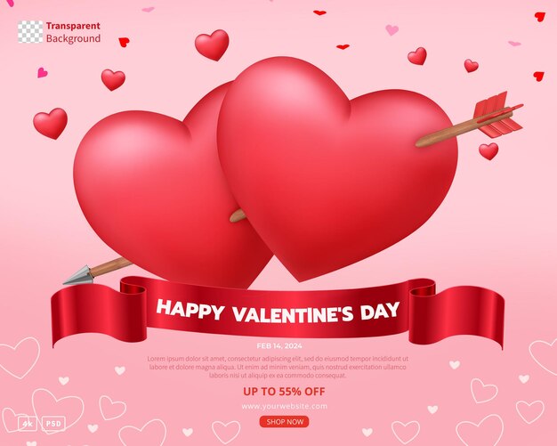 valentines day sale template with 3d rendering couple red of heart pierced by an arrow