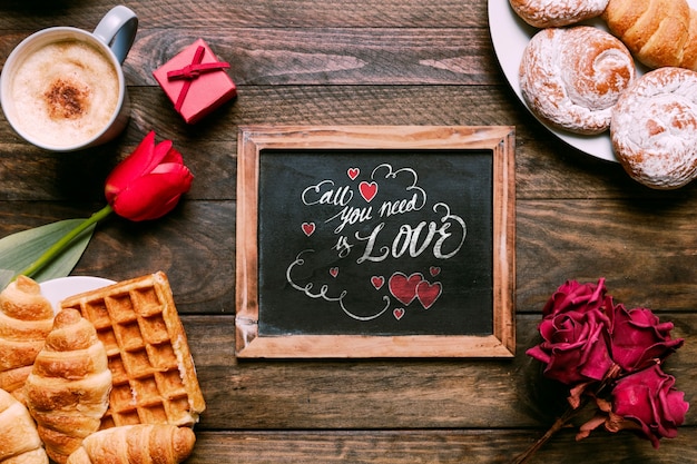 Valentines day slate mockup with breakfast