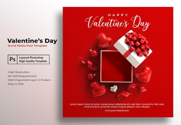 PSD modello di post sui social media di san valentino con decorazioni romantiche di san valentino 3d