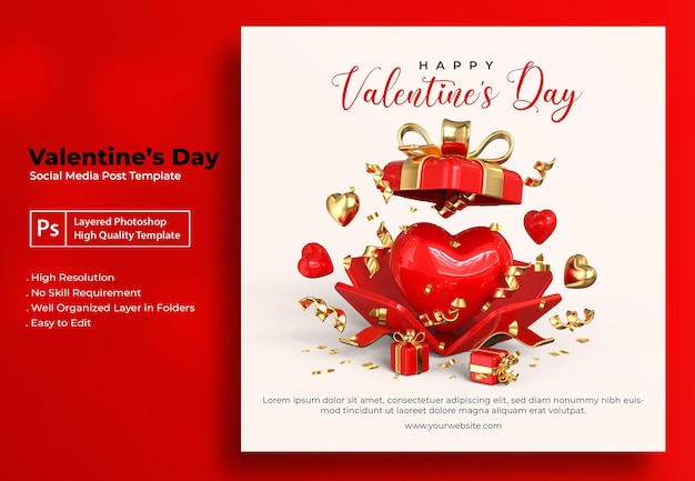 PSD valentines day social media post template with 3d romantic valentine decorations