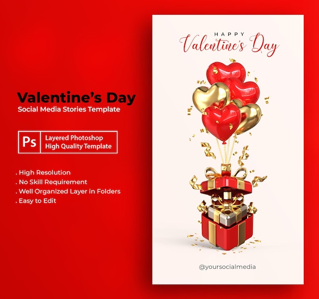 Valentines day social media story template with 3d romantic valentine decorations