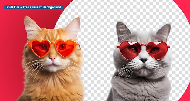 PSD valentines day special cute cats with heartshaped sunglasses in orange and grey