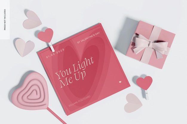 Valentines day square postcard mockup,top view