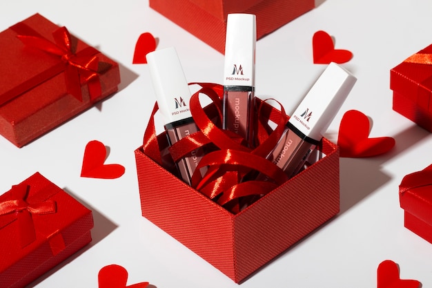 PSD valentines day still life with lipstick mockup