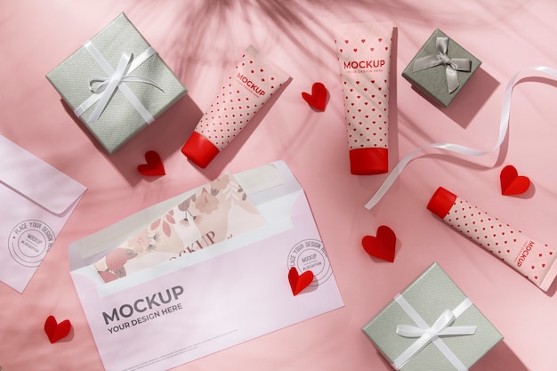 Valentines day still life with makeup mockup