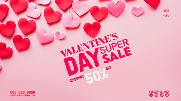 PSD valentines day super sale offer with pink and red hearts background