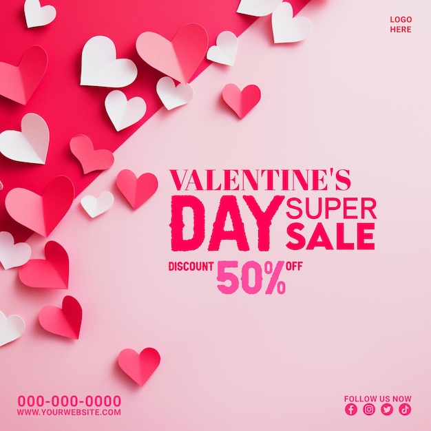 PSD valentines day super sale offer with pink and red hearts background