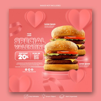 Post di instagram sui social media per la promozione del menu di san valentino